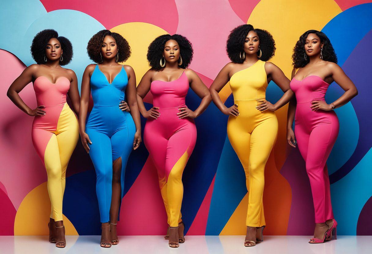 A vibrant and artistic portrayal of diverse amateur models celebrating their curves in an inclusive, empowering atmosphere. Showcase a mix of sizes and backgrounds, confidently posing in stylish attire that highlights their unique beauty. The background should feature flowing abstract shapes and bold colors to emphasize the celebration of body positivity. Warm lighting to create an inviting, uplifting ambiance. vector art. vibrant colors. 3D.