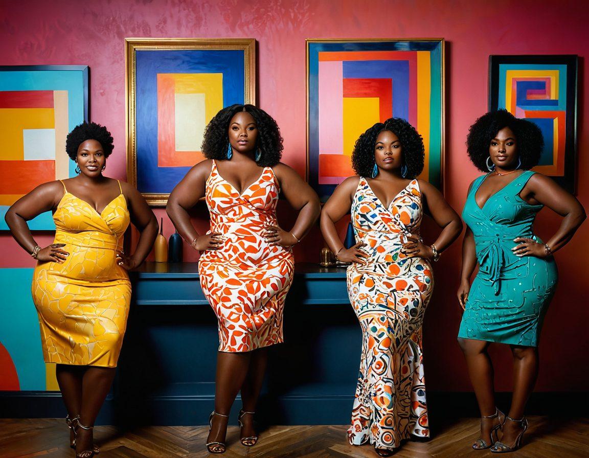 A vibrant gallery showcasing full-figured models in various poses, exuding confidence and beauty. The backdrop features soft lighting and colorful abstract patterns to enhance the mood of celebration. Include a mix of casual and elegant attire for diversity, with subtle art pieces framing the scene. Capture the essence of body positivity and empowerment in a tasteful manner. super-realistic. vibrant colors. art gallery setting.